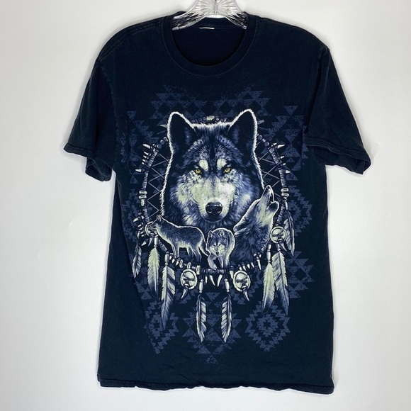 Vintage Tops - Vintage Black Native American Wolf Dream Catcher Black Short Sleeve Tshirt M/L